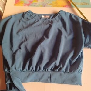 Jianyue Womens Dusty Blue Side Tie Short Sleeve Blouse Crew Neck Top 13619